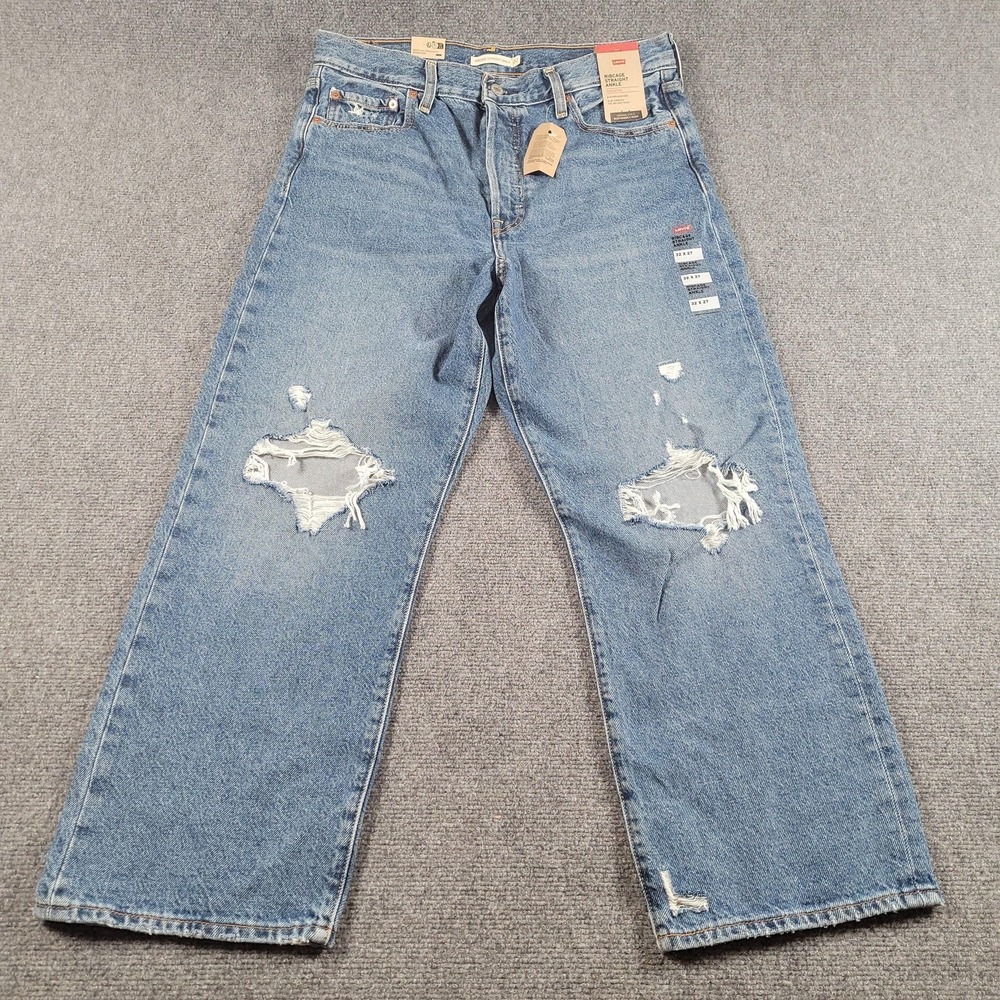 Levis Ribcage Straight Ankle Jeans Womens 32x27 Blue High Rise Distressed Denim